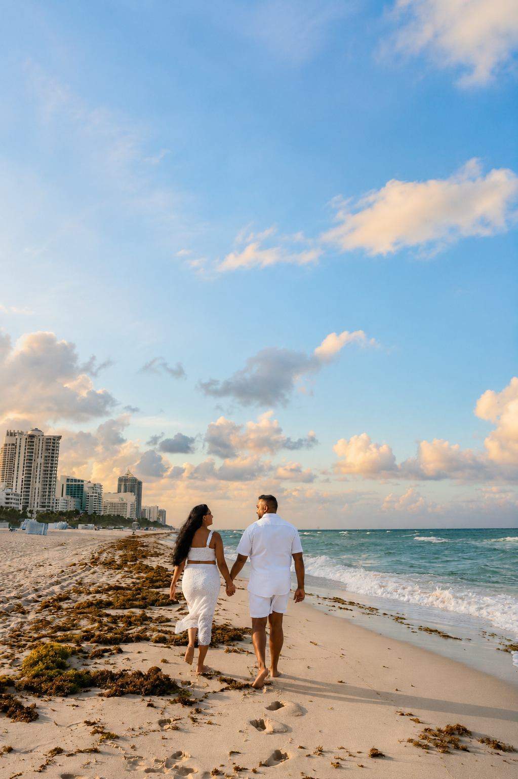 Arshi and Amar walking together along the beach