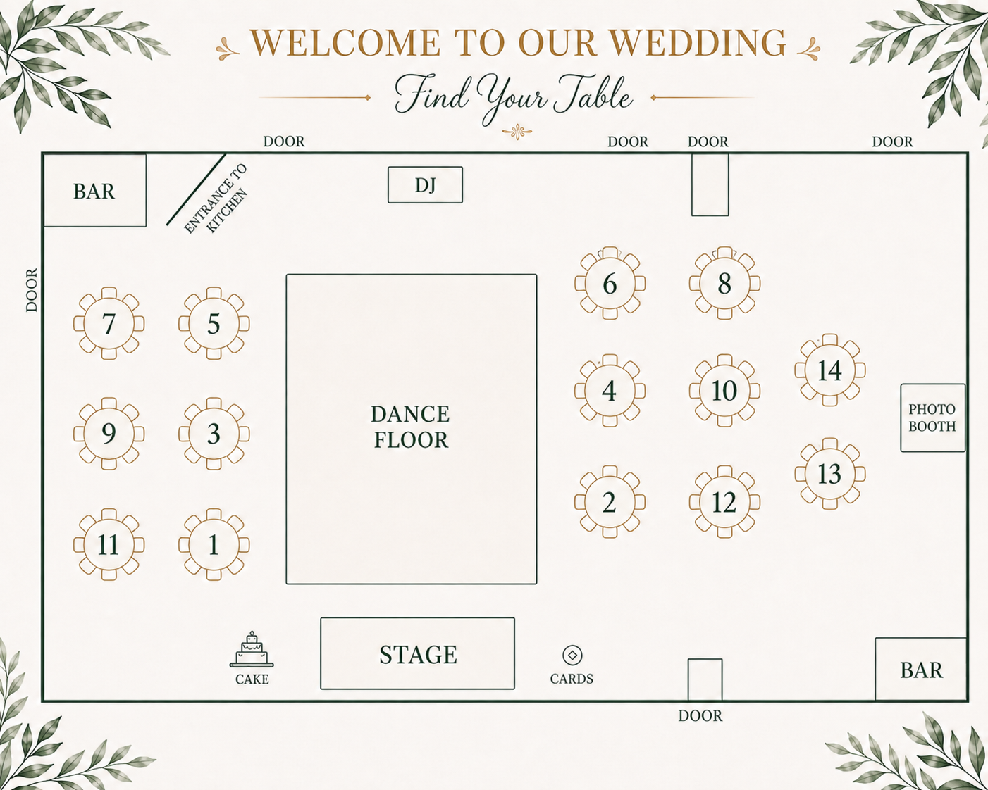Wedding seating chart showing tables 1 through 14 around the dance floor